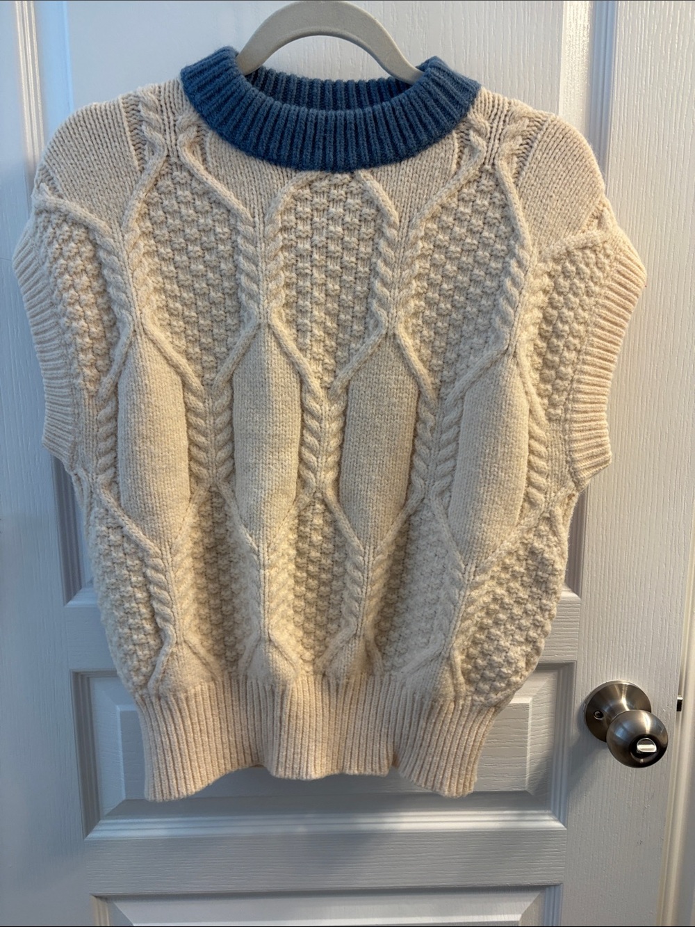 FRNCH Cream Cable Knit Short Sleeve Sweater with Blue Ribbed Collar